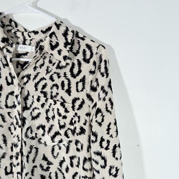 A.L.C. Emerson 100% Silk Ivory Black Leopard Print Button Down Blouse Size 0 - Picture 5 of 11